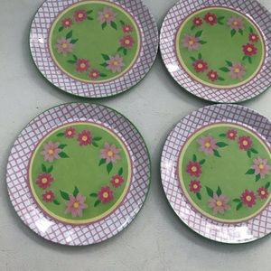 Pink, green and white tin coasters. Set of four.